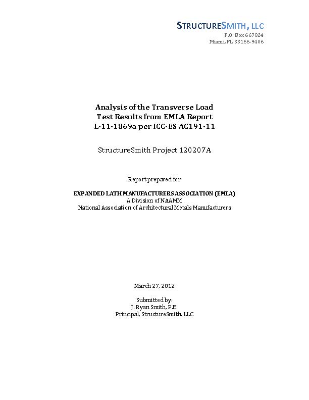 Analysis of the Transverse Load Test Results from EMLA Report L-11-1869a per ICC-ES AC191-11