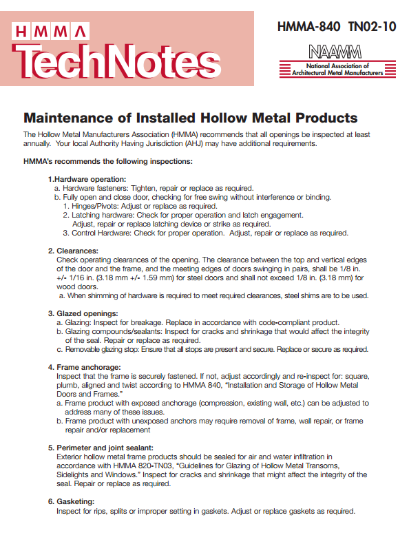 Maintenance of Installed Hollow Metal Products
